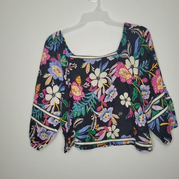 C&C California black floral peasant 100% linen beachy vacation top size xl NWT - Picture 2 of 6